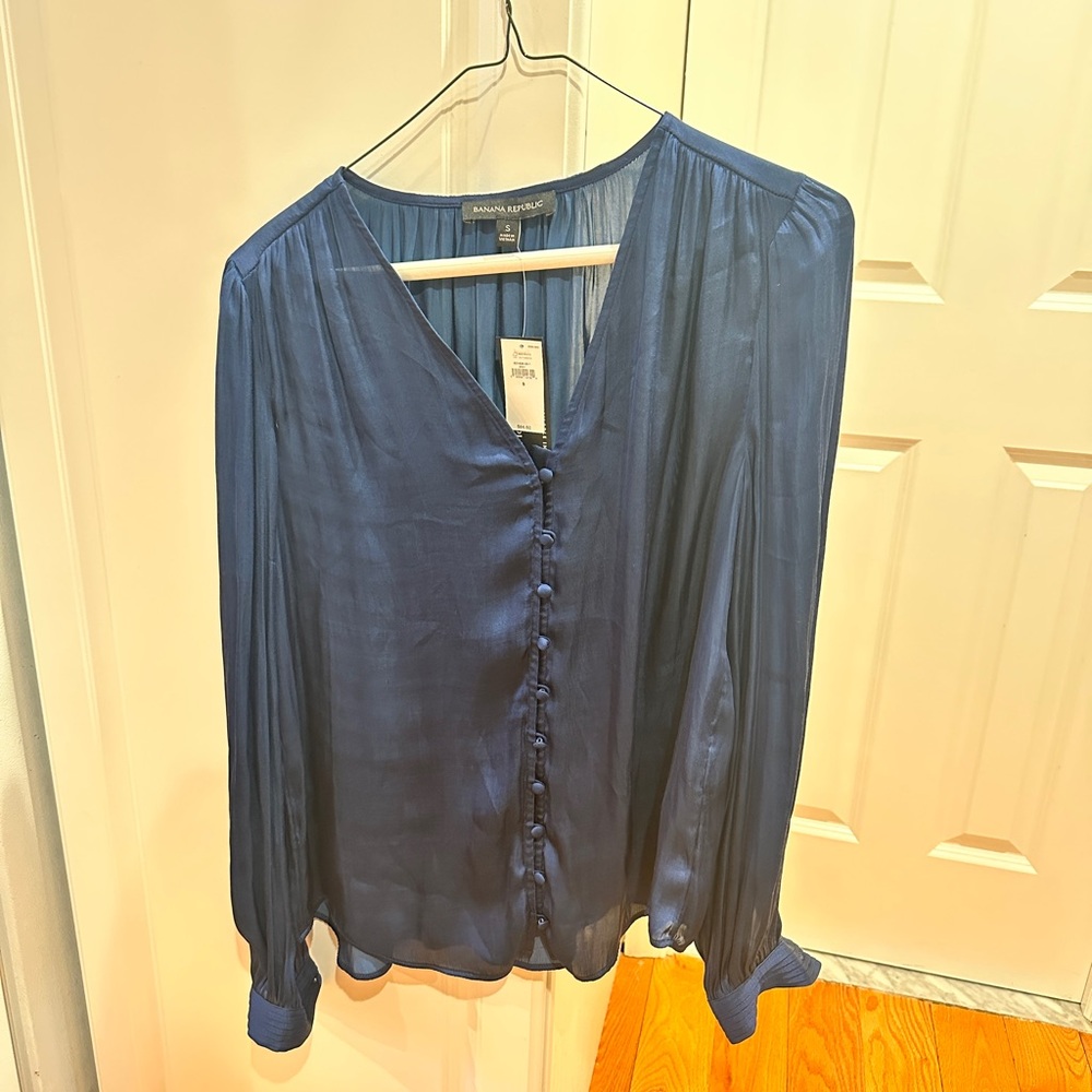Banana Republic Blue Buttoned Pleated Blouse